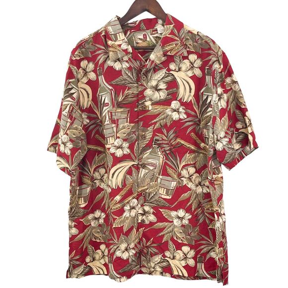 Caribbean Linen Short Sleeve Hawaiian Shirt Men Size L Red Beige Tropical Button - Picture 1 of 12